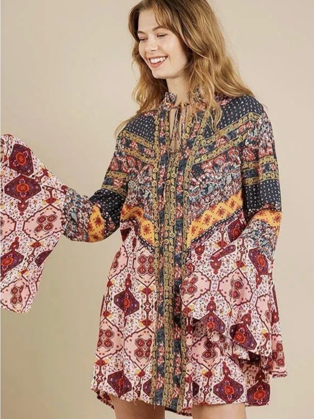 Umgee Pink Multi Patchwork Trumpet Sleeve Mini Dress